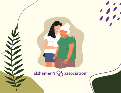 Alzheimer's Association logo under woman hugging elderly woman