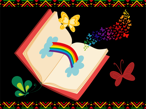 Book with a rainbow coming out of the pages, rainbow butterflies.