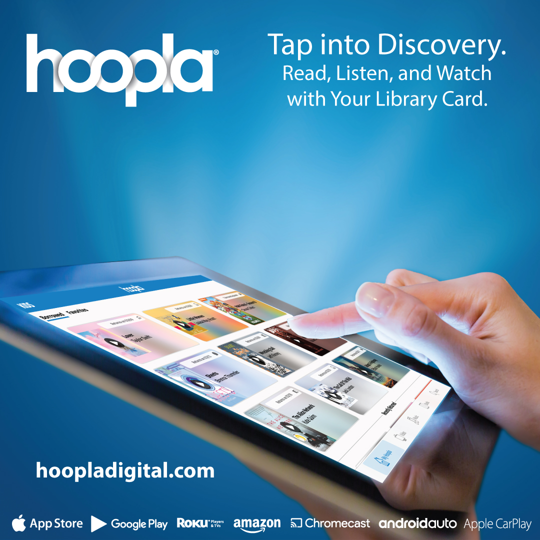 Photograph of hand scrolling through tablet with Hoopla streaming video