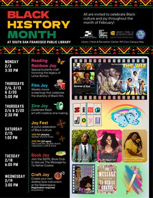 Flyer with images of books and movies celebrating Black History Month