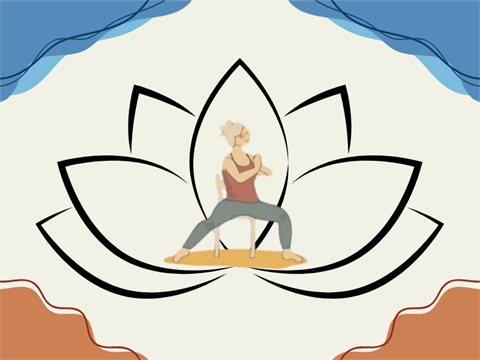 Figure on a chair doing a yoga pose with a lotus flower in the background and abstract earth and sky borders.