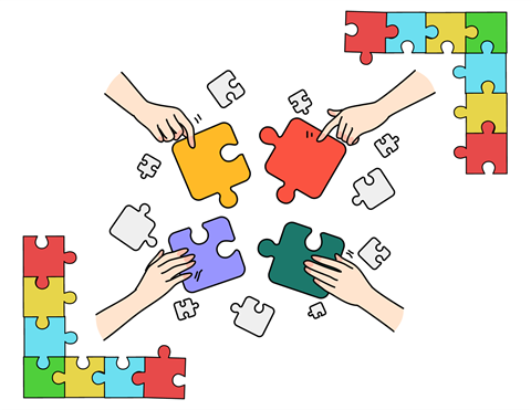 Cartoon hands swapping jigsaw puzzles