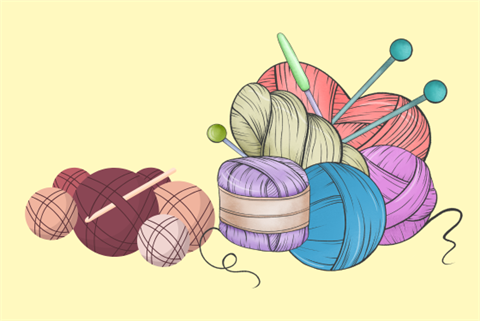 Skeins of yarn with a crochet hook and knitting needles on a yellow background