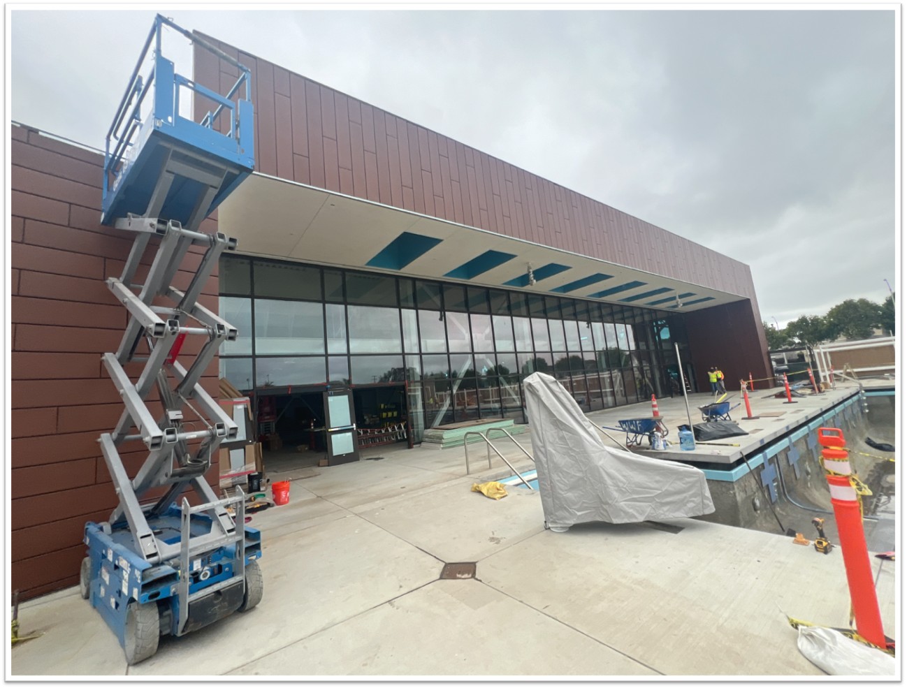 aquatic center exterior and scissor lift