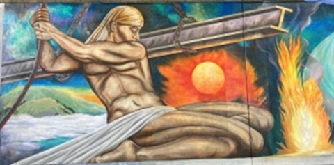 Man pulling a steel beam with fog hill sun and bonfire in the background