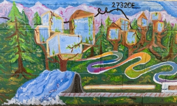 painting of tree houses, waterfall, hills, a winding path