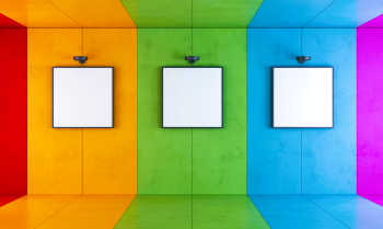 brightly colored painted walls with 3 blank hanging art canvases