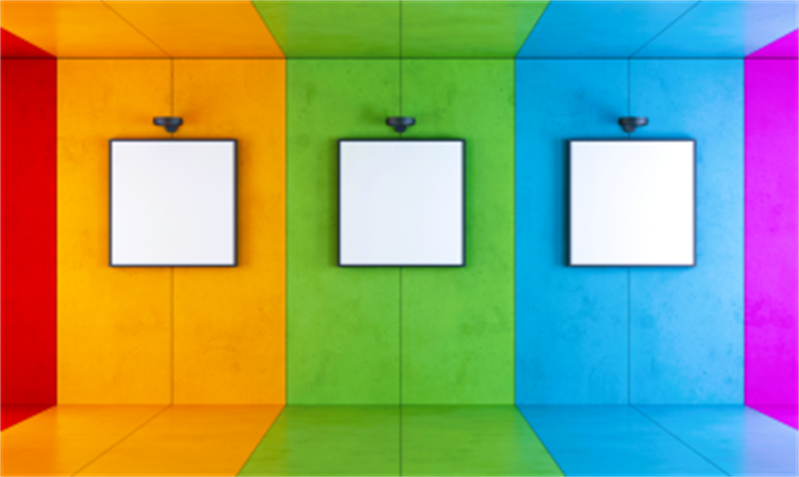 brightly colored painted walls with 3 blank hanging art canvases