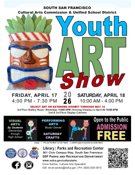 Ceramic Tiki mask and collage of 3 musicians with text on youth art show