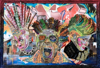 Artwork of colorful heads and faces of three people created with lottery tickets