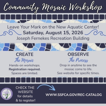 Blue and White mosaic tile background with text announcing a community mosaic workshop