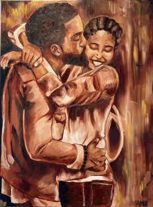 painting of bearded man kissing smiling woman on cheek