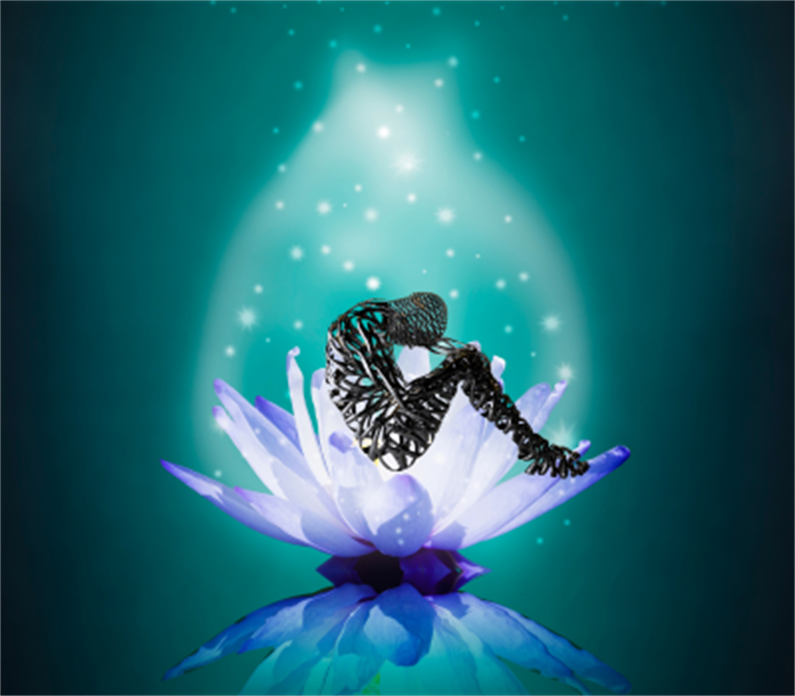 wire image of an adult human in a curled position rising out of open flower petals that are radiating a mystical white light
