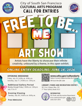 Brightly colored walls with three blank art canvases. Information on July 2026 art show dates, times location included