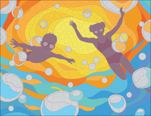 2 children swimming with sunlight above