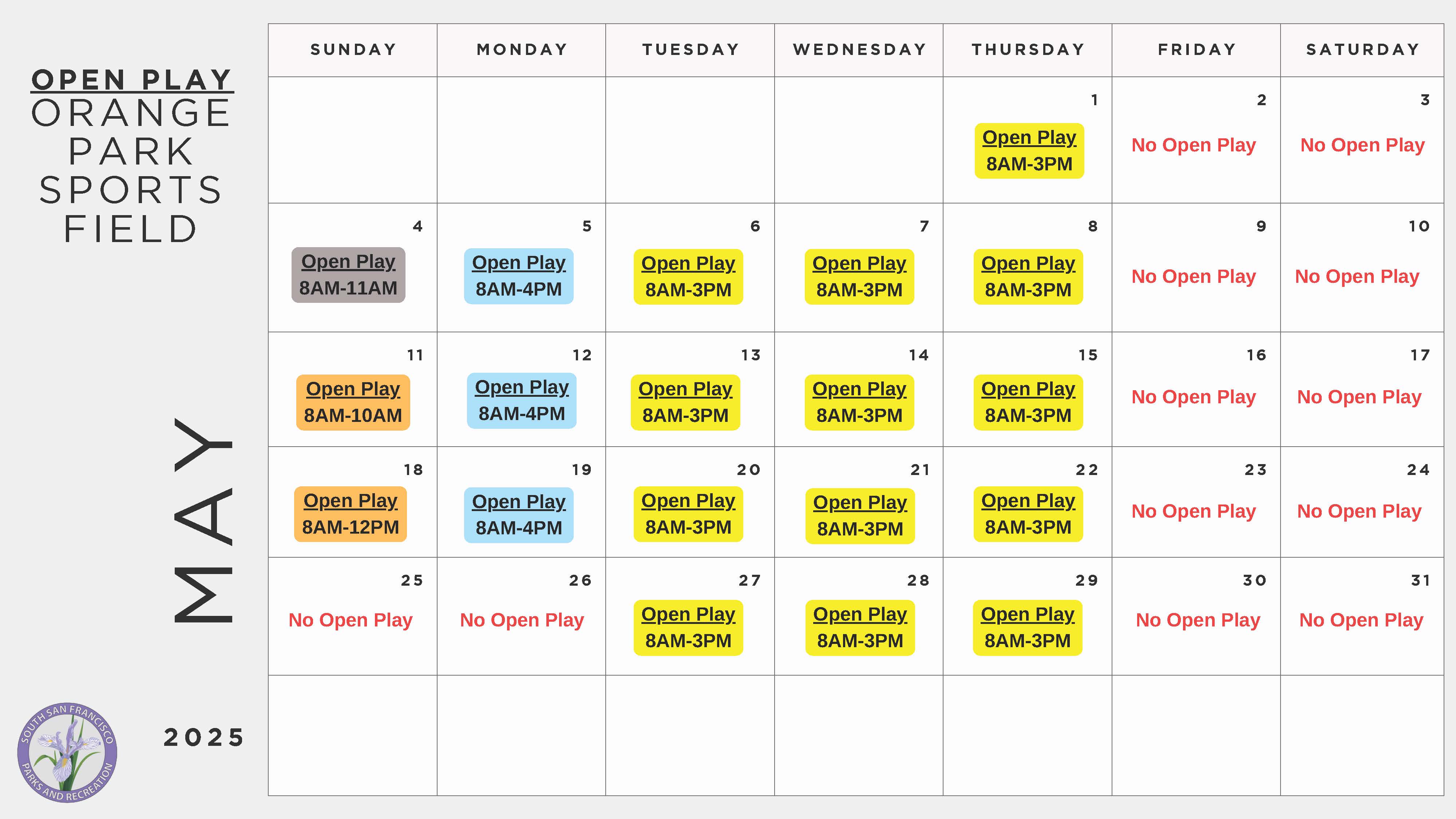 May 2026 Open Play Schedule at the Orange Memorial Park Sports Complex