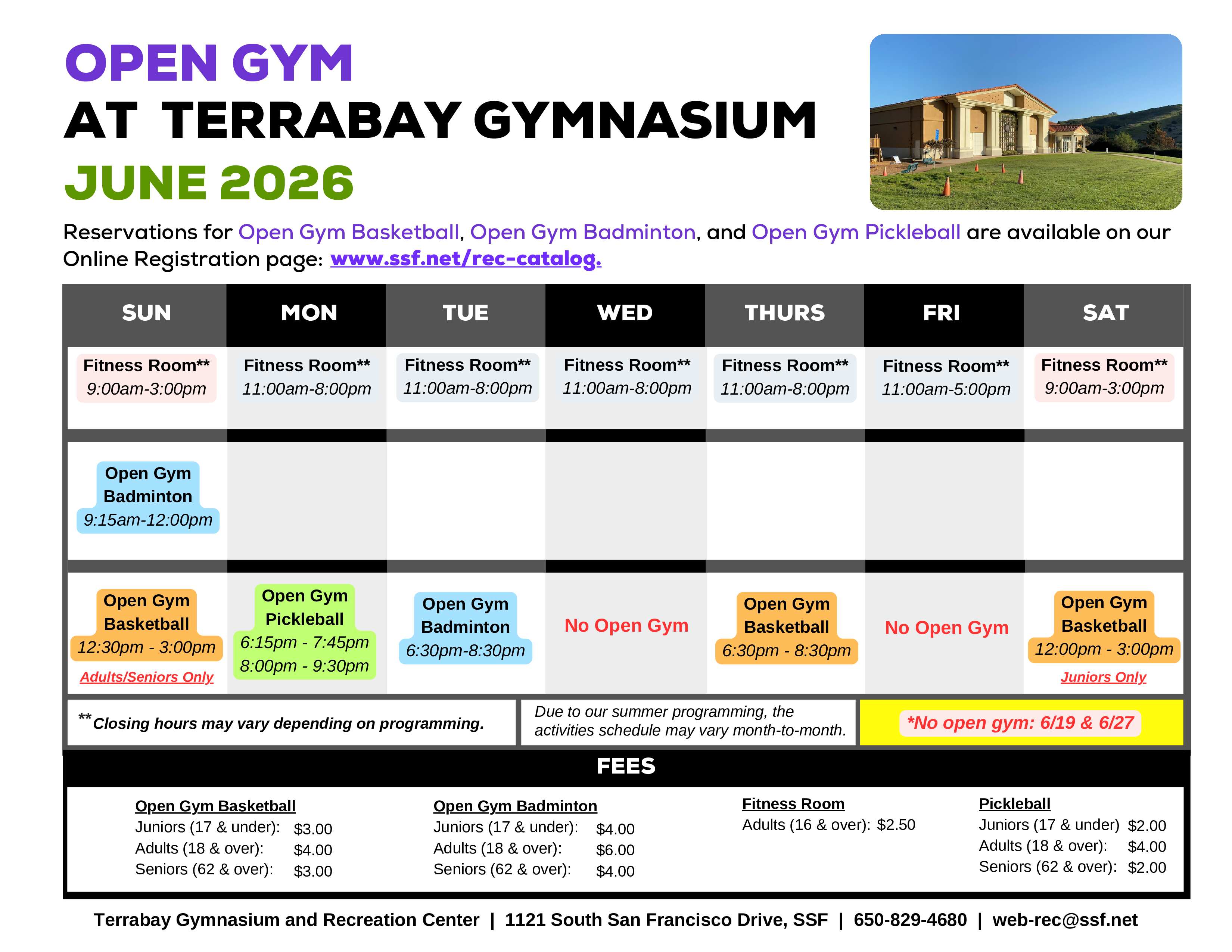 Open Gym Calendar at Terrabay Gymnasium during the month of June 2026.