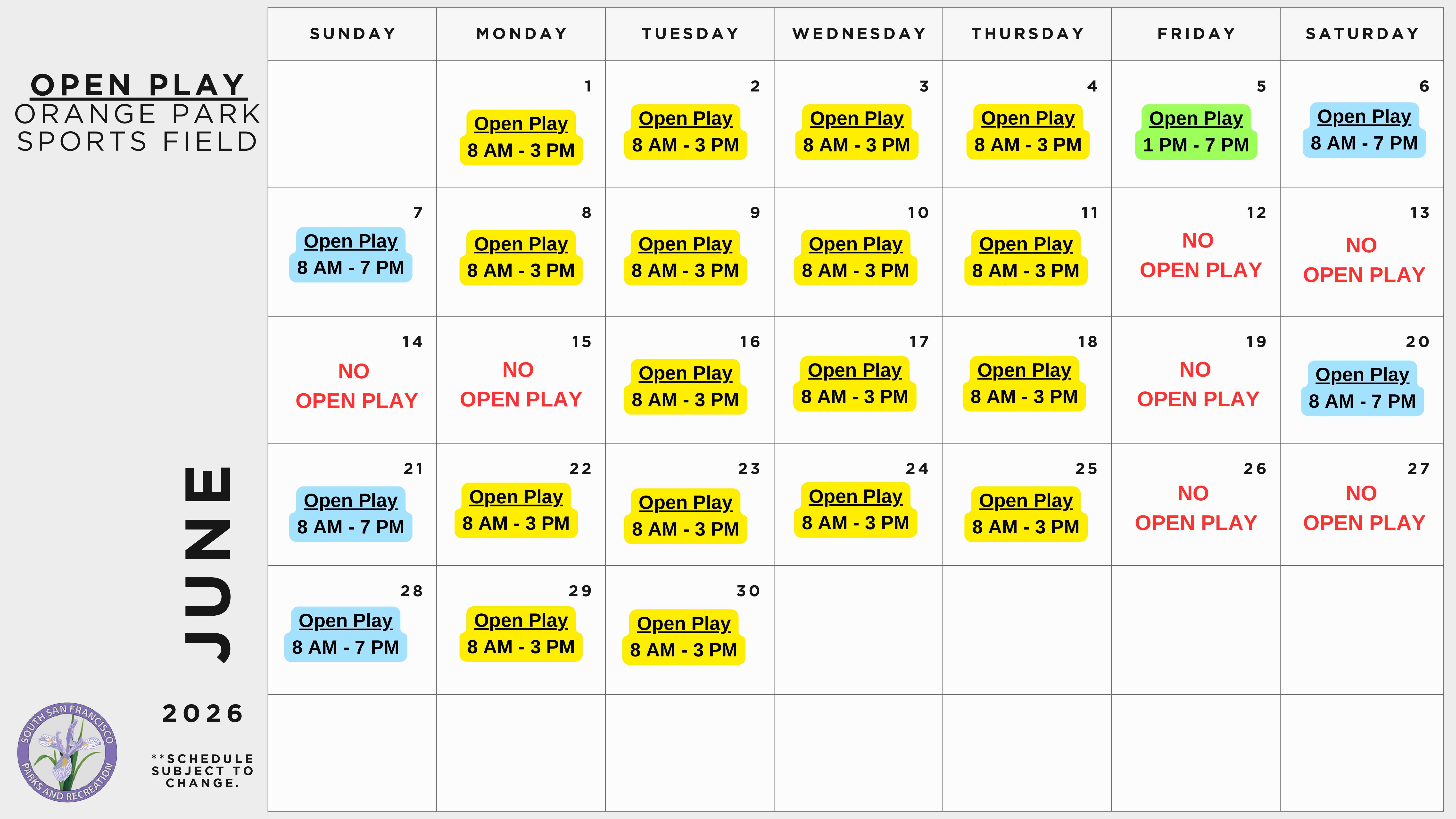 June Open Play Calendar 2026 at Orange Memorial Park during the month of June 2026.