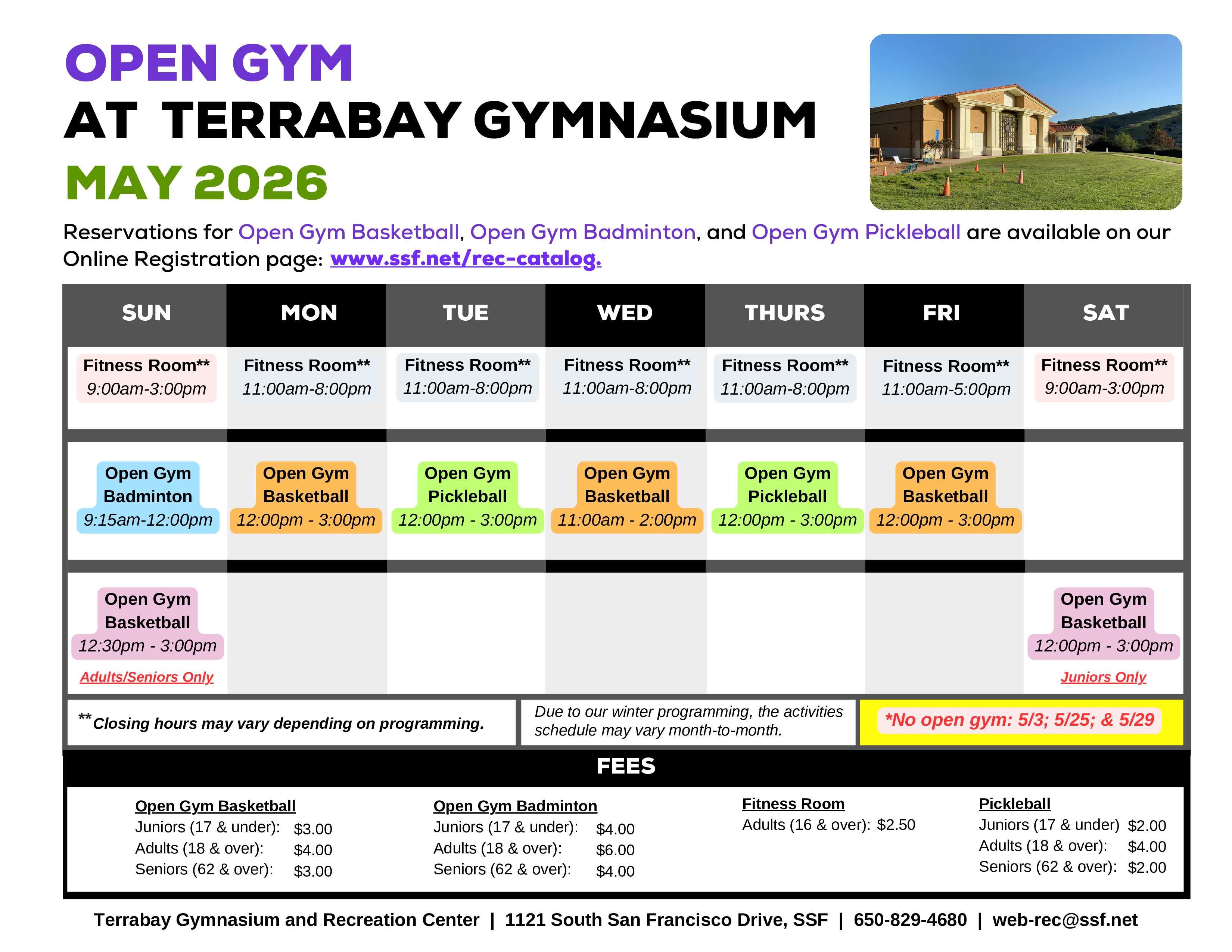 May 2026 open gym schedule for Terrabay Gymnasiun