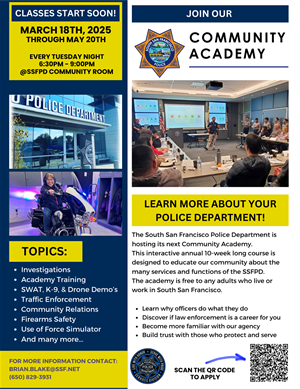 image of academy participants in class room, front of police department, and woman on police motorcycle