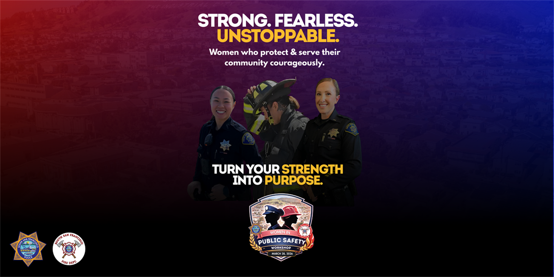 Two police women and a fire woman with the police and fire seal promoting the upcoming womens hiring workshop