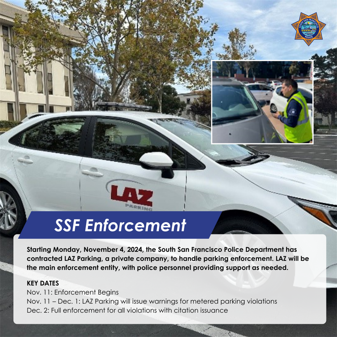 Graphic of a car operated by the Laz company with a word box explaining the new parking enforcement update
