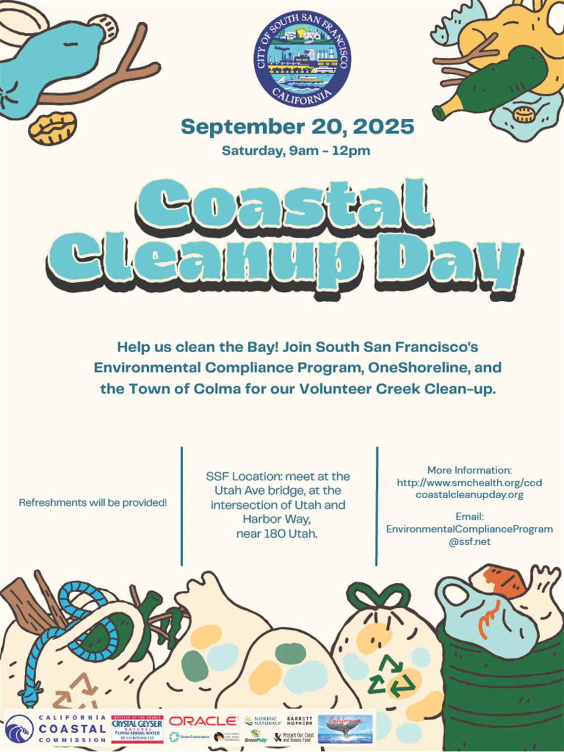 Promoting Colma Coastal Cleanup Day 2025 with images of trash bags and recycling bags
