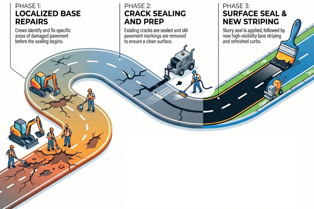 This photo reflects the 3 phases of street surface seal process. Phase 1 Localized Base Repairs. Phase 2 Crack Sealing and Prep. Phase 3 Surface Seal & New Striping.