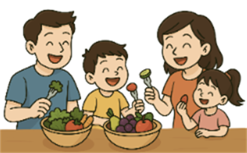 Image of a smiling family of four using forks to eat out of two bowls of healthy food items, including tomatoes, leafy greens, carrots, and grapes.