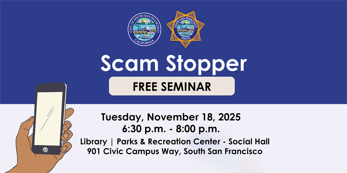 Illustration of a hand holding a phone with details of the Scam Stopper event