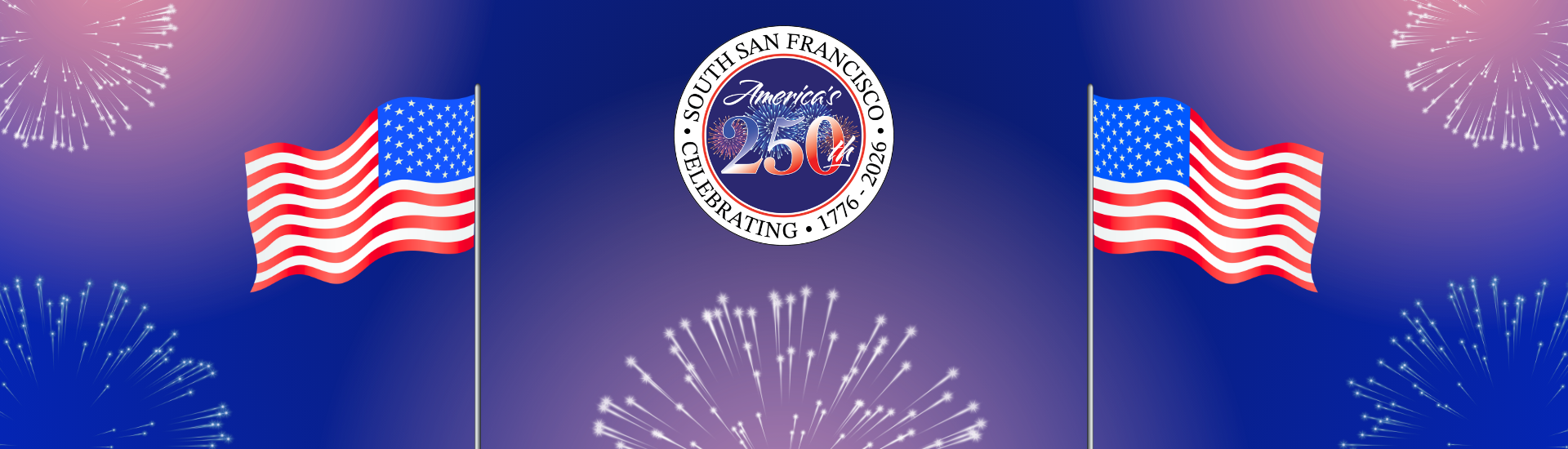 America 250 and two American flags overlaid on a blue background