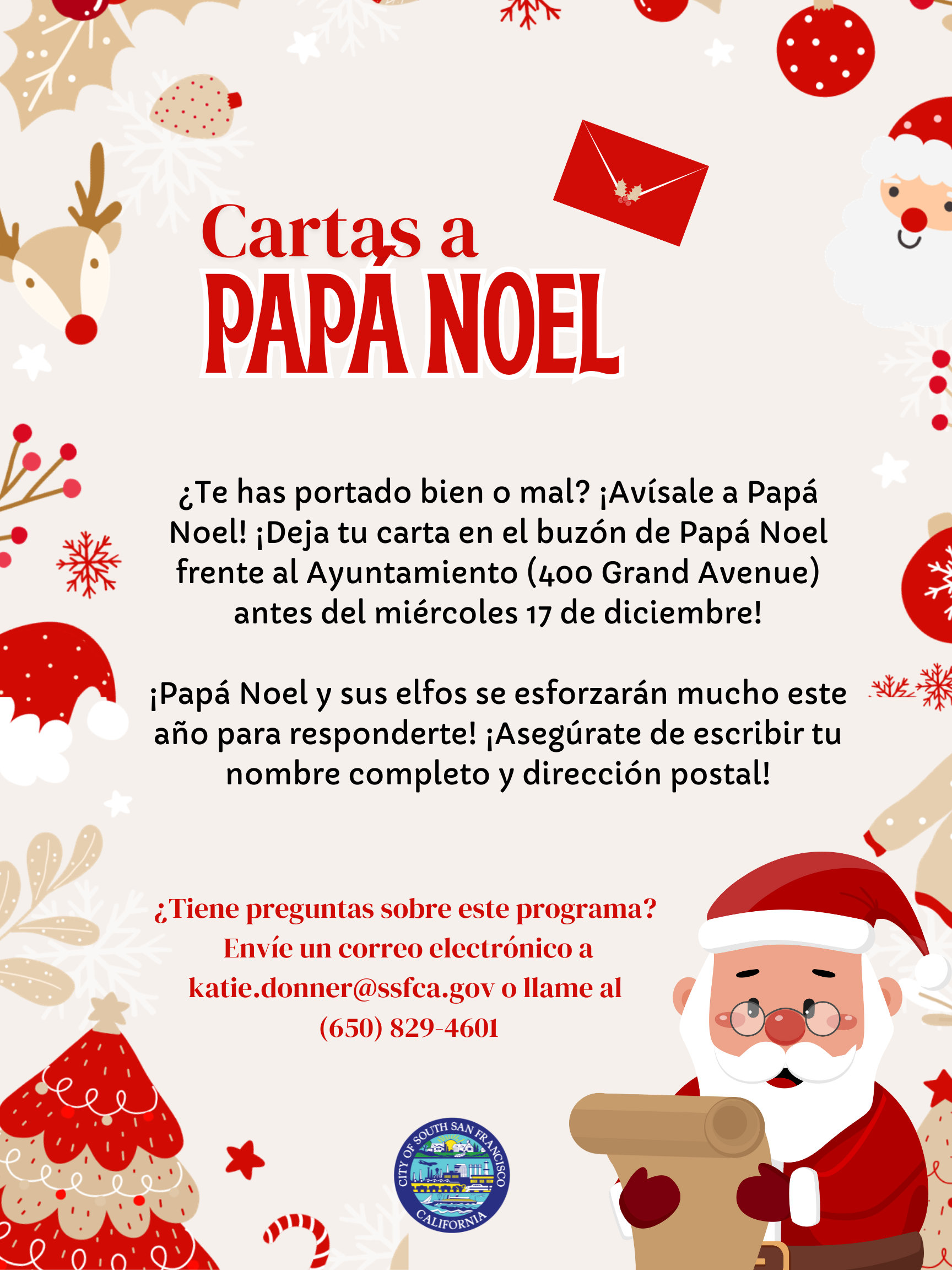 Spanish flyer promoting Letters to Santa with a graphic of Santa, Christmas trees, and various ornaments in red, white, and tan