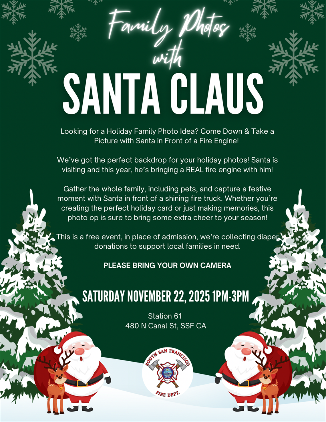 Santa and a reindeer in front of a snow covered tree with a dark green background