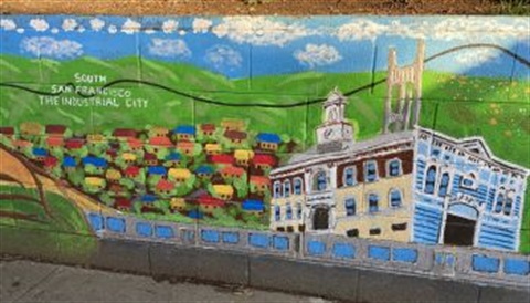 Painting of City hall, SSF sign and many houses on a hill, BART train