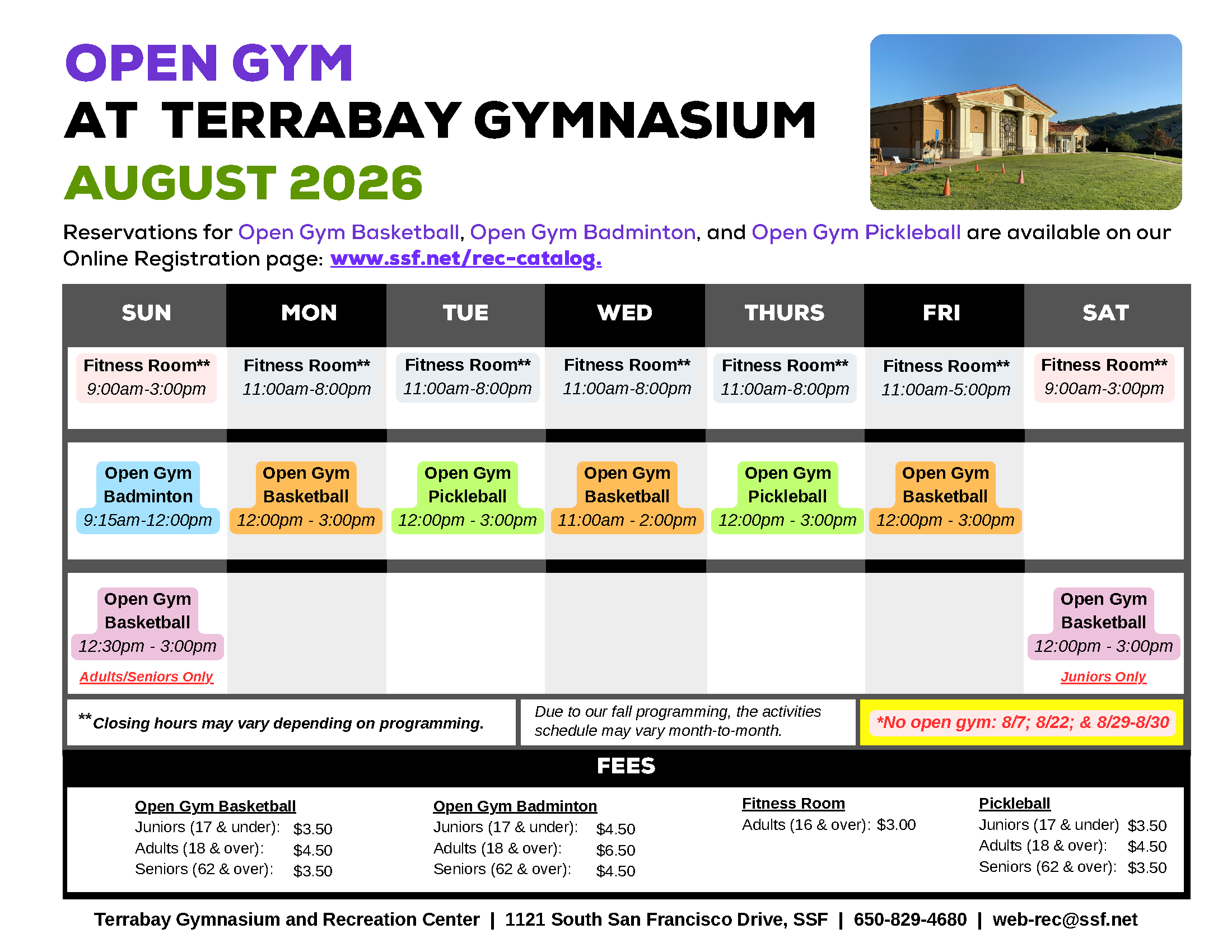 Schedule of activities for Open Gym at Terrabay Gymnasium during the month of July 2026.