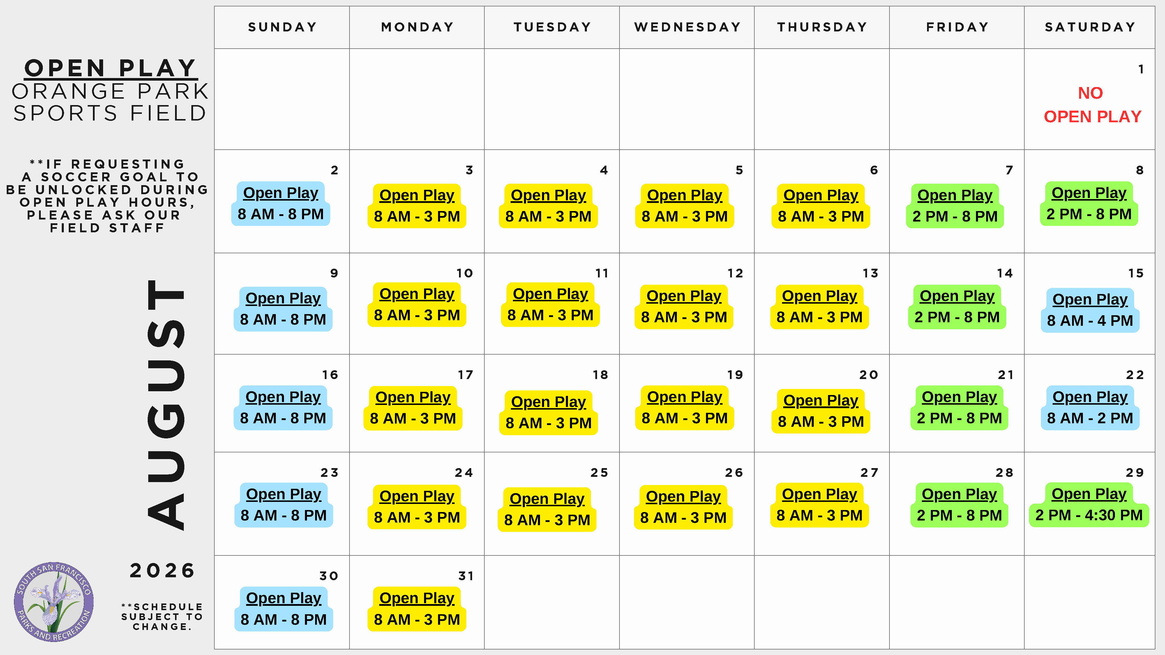 Orange Parks Sports Field Open Play Calendar during the month of July 2026