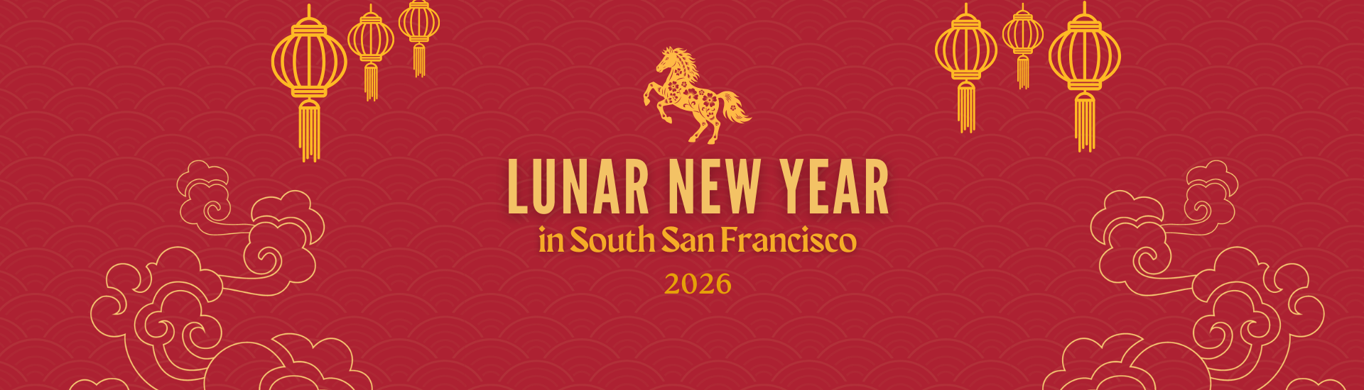 Red background with gold clouds, gold lanterns, and a gold horse with a floral pattern celebrating the year of the horse