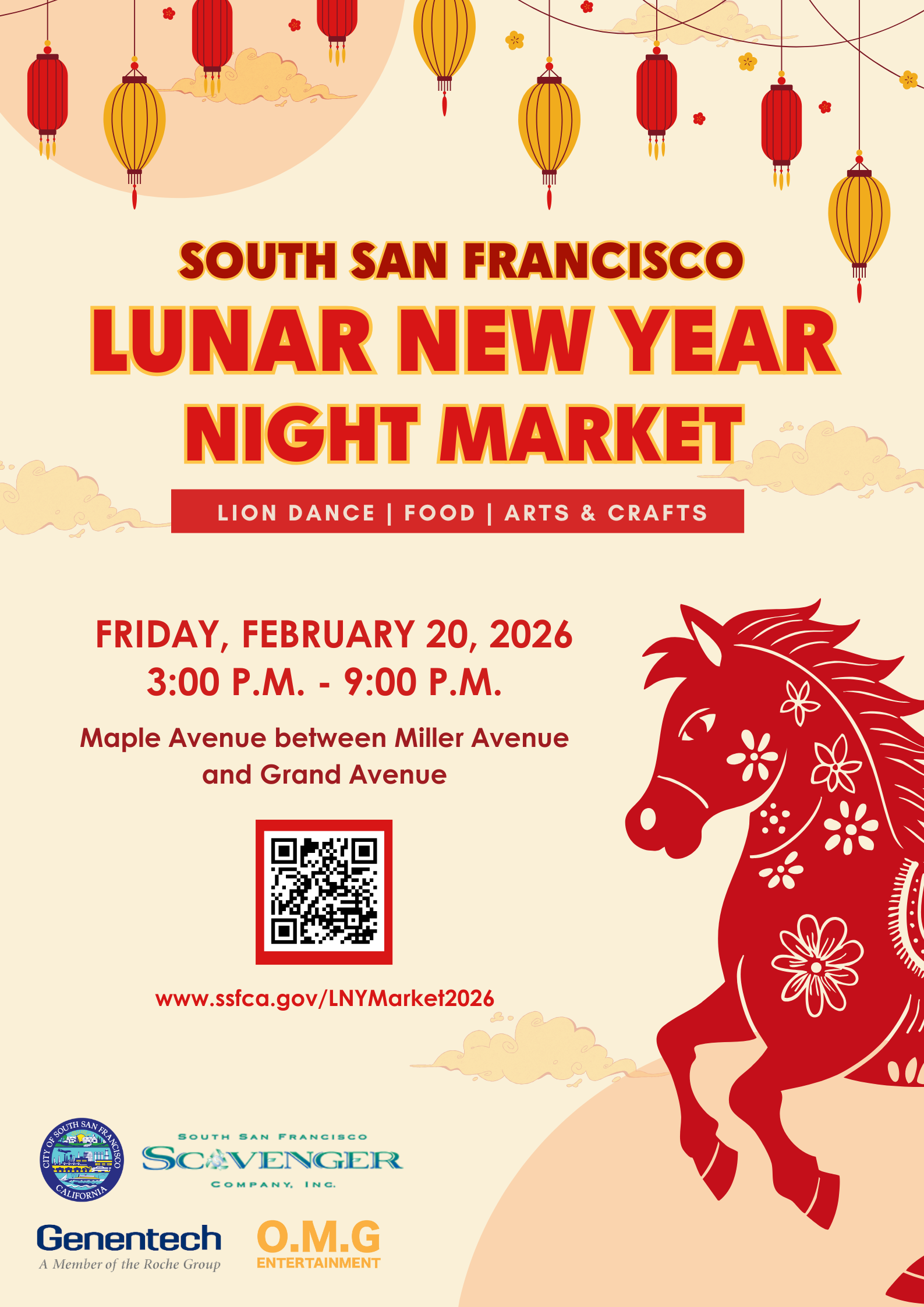 A red horse underneath red and yellow lanterns and a QR code leading to this page for more information