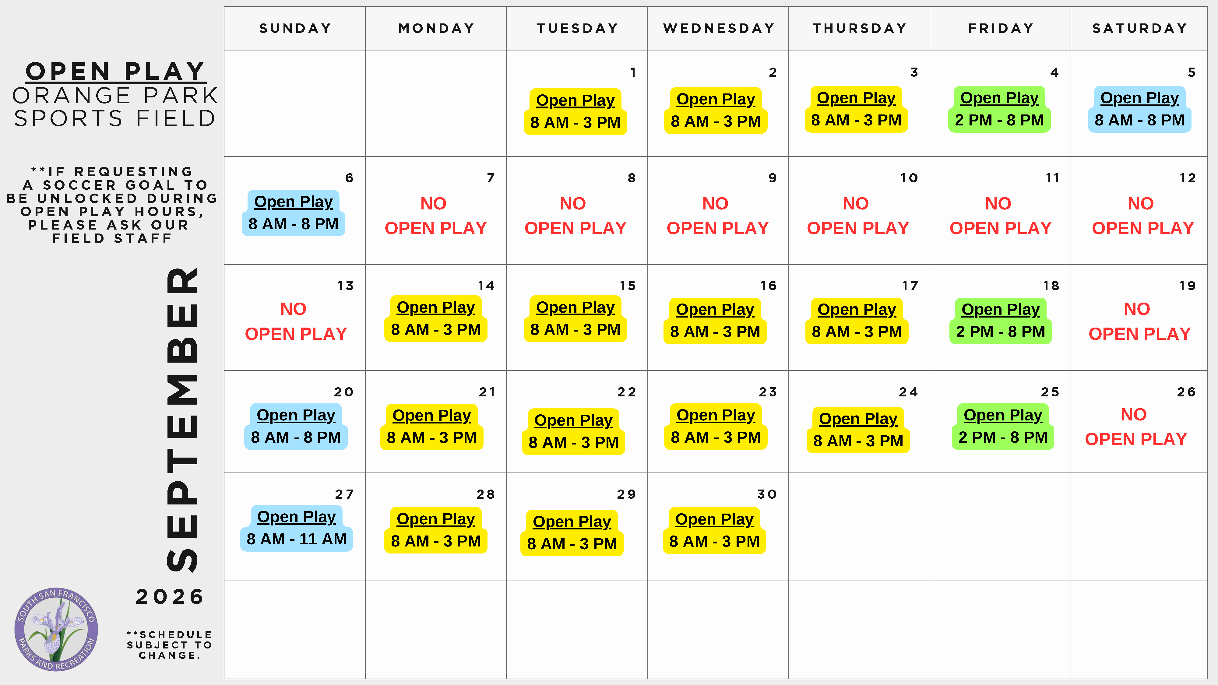 Orange Parks Sports Field Open Play Calendar during the month of July 2026