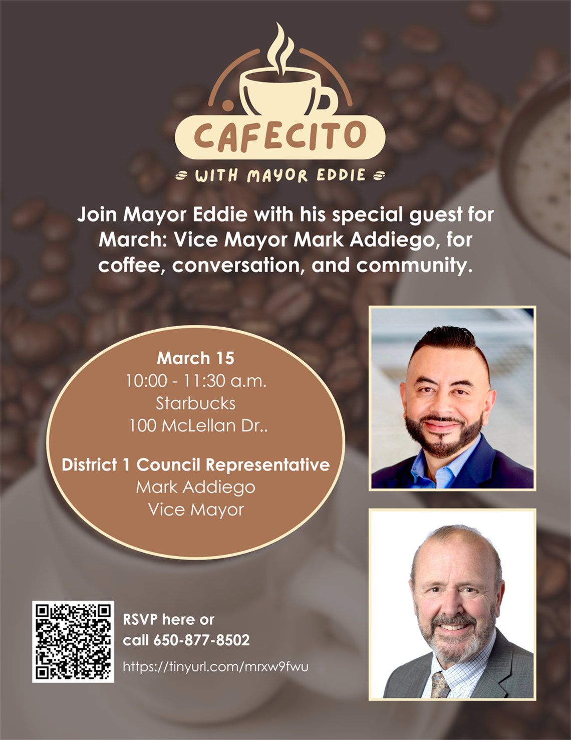 Mayor Eddie Flores and Vice Mayor Mark Addiego with coffee beans in the background